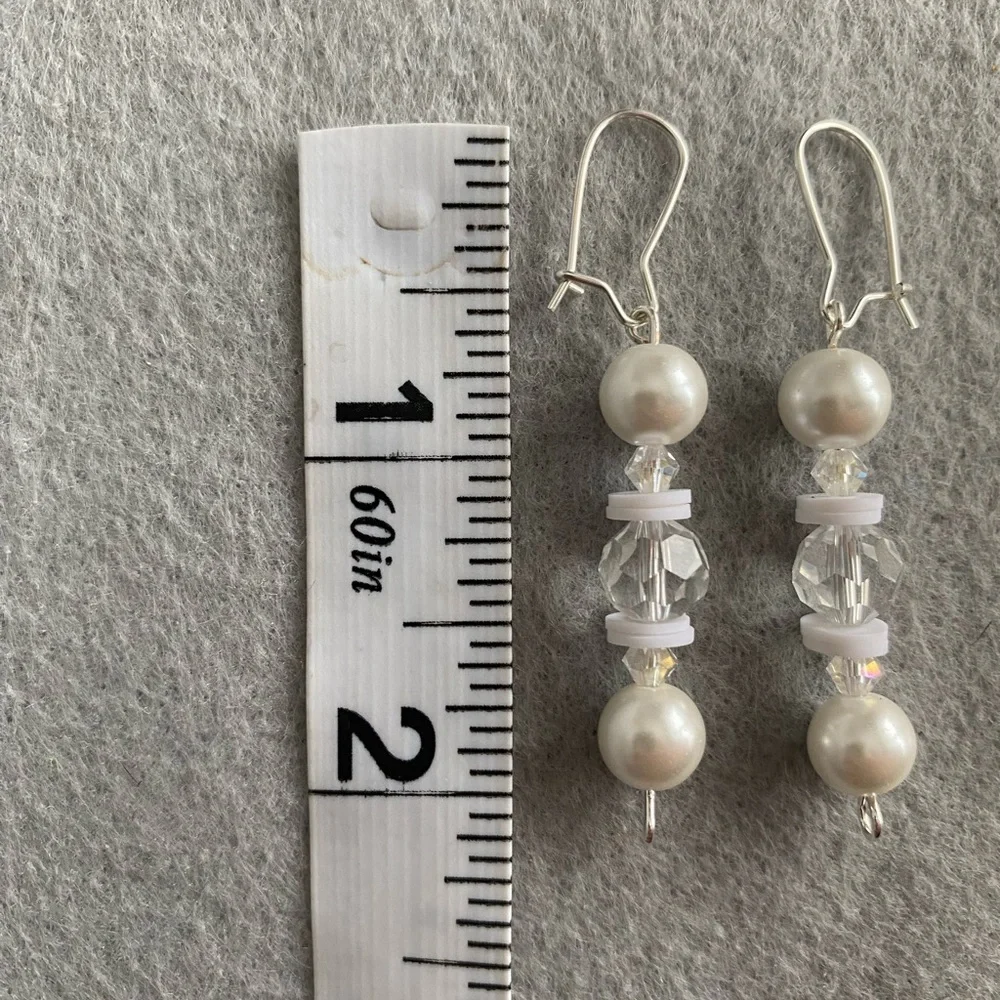 Hand crafted clear, and white faux‎ pearl long dangle earrings